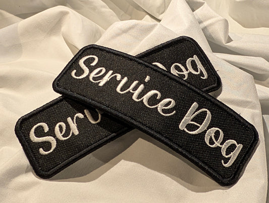 Black and White Cursive Service Dog Patches 2x6"
